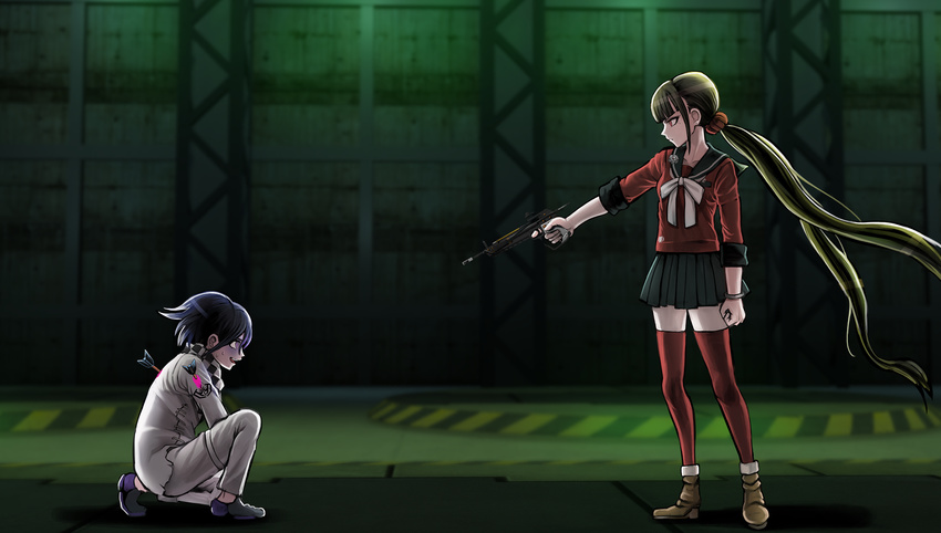1girl ankle_boots arrow_in_body bangs black_hair blunt_bangs boots bow_(weapon) checkered checkered_scarf clenched_hand crossbow danganronpa earrings game_cg harukawa_maki highres injury jewelry long_hair low_twintails mole mole_under_eye nervous_smile new_danganronpa_v3 official_art on_floor open_mouth ouma_kokichi pink_blood pleated_skirt purple_eyes purple_hair red_eyes red_legwear red_scrunchie scarf school_uniform scrunchie serafuku serious shimadoriru skirt smile spoilers straitjacket sweat thighhighs twintails very_long_hair weapon zettai_ryouiki
