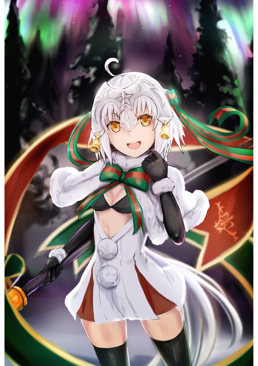 :d aurora bangs bell bikini_top black_bikini_top black_gloves black_legwear bow breasts brown_eyes capelet dress elbow_gloves eyebrows_visible_through_hair fate/grand_order fate_(series) fur-trimmed_capelet fur_collar fur_trim gloves green_bow green_ribbon hair_bow hand_up head_tilt headpiece highres holding holding_spear holding_weapon jeanne_d'arc_(fate)_(all) jeanne_d'arc_alter_santa_lily looking_at_viewer night night_sky open_mouth outdoors pine_tree pleated_dress polearm ribbon sky small_breasts smile snow solo spear star_(sky) starry_sky striped striped_bow striped_ribbon thighhighs tree weapon white_capelet white_dress white_hair yutama