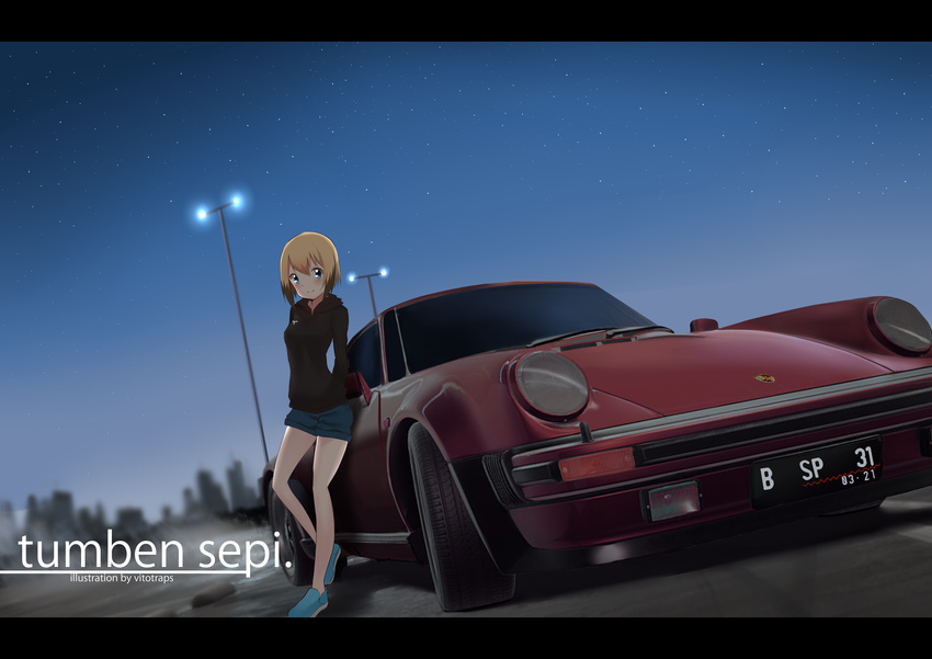 absurdres alternate_costume artist_name blonde_hair blue_footwear blush car casual city dutch_angle erica_hartmann ground_vehicle highres hood hoodie lamppost leaning_back letterboxed looking_at_viewer motor_vehicle night porsche porsche_911 scenery short_hair shorts solo strike_witches vitoputr world_witches_series