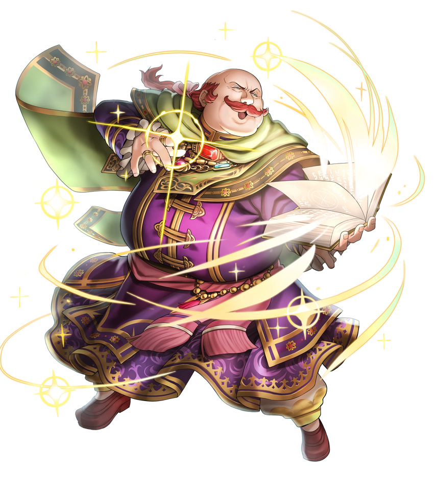 bald book bow cape facial_hair fat fat_man fire_emblem fire_emblem:_akatsuki_no_megami fire_emblem_heroes full_body gem grey_eyes highres jewelry long_hair low_ponytail male_focus mustache official_art oliver_(fire_emblem) open_mouth red_hair ring solo sparkle transparent_background
