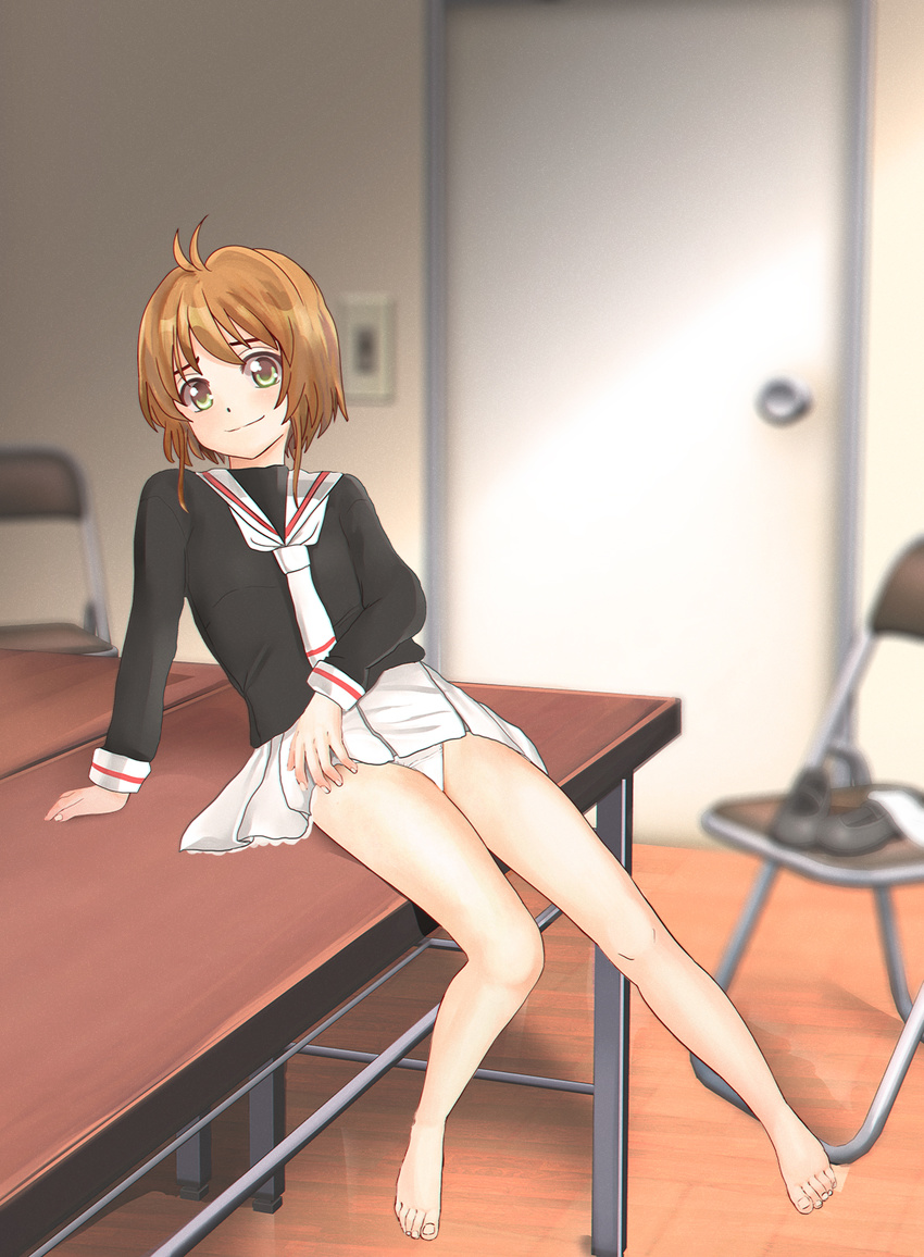 1girl antenna_hair arm_support armad bare_legs black_shirt blurry brown_hair card_captor_sakura chair closed_mouth desk door dot_nose female floor indoors kinomoto_sakura light_switch looking_at_viewer necktie no_shoes panties pantyshot pantyshot_(sitting) reflection shirt shoes shoes_removed sitting skirt smile solo toes underwear white_panties white_skirt wooden_floor