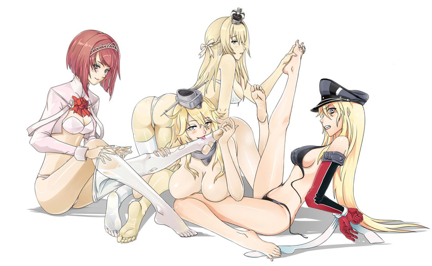all_fours ark_royal_(kantai_collection) arms_behind_back ass bare_shoulders barefoot bikini_bottom bikini_top bismarck_(kantai_collection) blonde_hair blue_eyes bob_cut bound bound_wrists bra braid breasts cleavage commentary crown detached_sleeves feet flower foot_hold foot_licking freega french_braid hair_between_eyes hat headgear iowa_(kantai_collection) jacket kantai_collection knee_up large_breasts leg_up legs licking long_hair medium_breasts military_hat mini_crown multiple_girls nude outstretched_leg panties pantyhose pantyhose_pull peaked_cap plantar_flexion red_flower red_hair red_ribbon red_rose ribbon rose simple_background sitting small_breasts soles star star-shaped_pupils symbol-shaped_pupils thighhighs tiara torn_clothes torn_legwear underwear warspite_(kantai_collection) white_background white_bra white_legwear white_panties yuri
