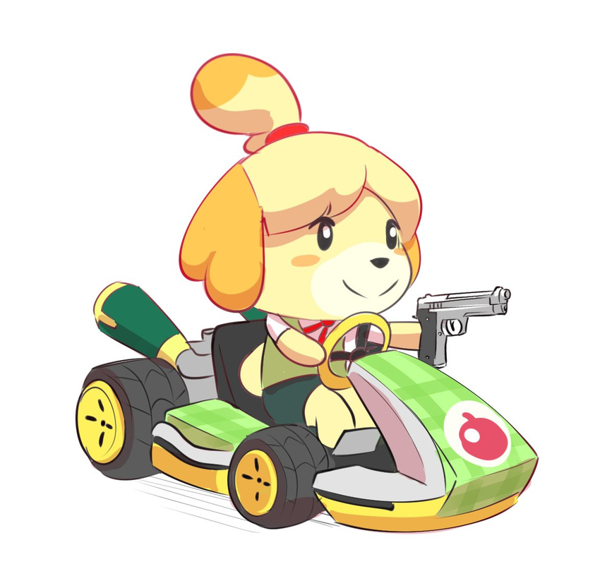 animal_crossing anthro arm_out canine dog female fur gun handgun isabelle_(animal_crossing) kart mammal mario_bros mario_kart nintendo pistol ranged_weapon reaction_image shih_tzu simple_background solo theycallhimcake vehicle video_games weapon white_background yellow_fur