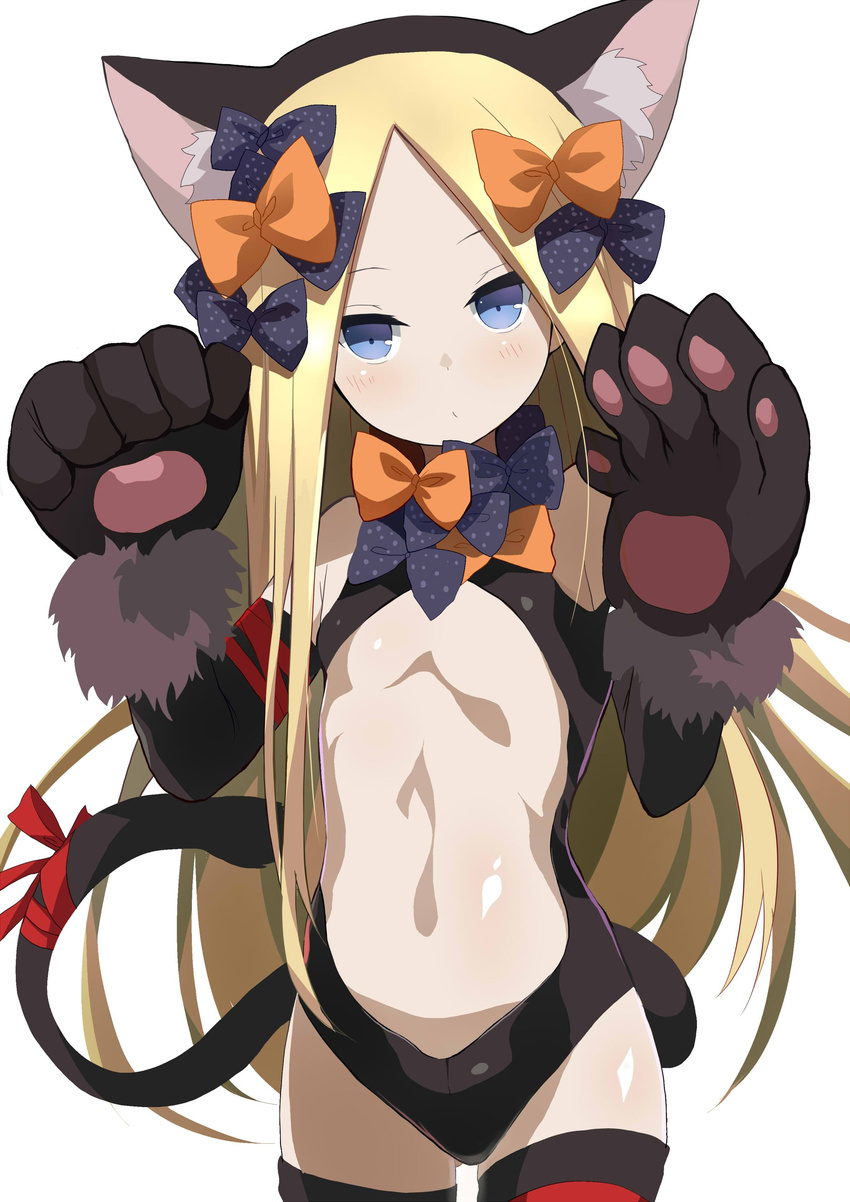 abigail_williams_(fate/grand_order) absurdres animal_ears arms_up black_gloves black_legwear black_leotard blonde_hair blue_eyes bow cat_ears cat_tail center_opening commentary_request cosplay cowboy_shot expressionless fake_animal_ears fate/grand_order fate/kaleid_liner_prisma_illya fate_(series) flat_chest gloves hair_bow hairband highres illyasviel_von_einzbern illyasviel_von_einzbern_(cosplay) leotard long_hair paw_gloves paw_pose paws revealing_clothes ribbon shimejinameko solo tail thighhighs very_long_hair