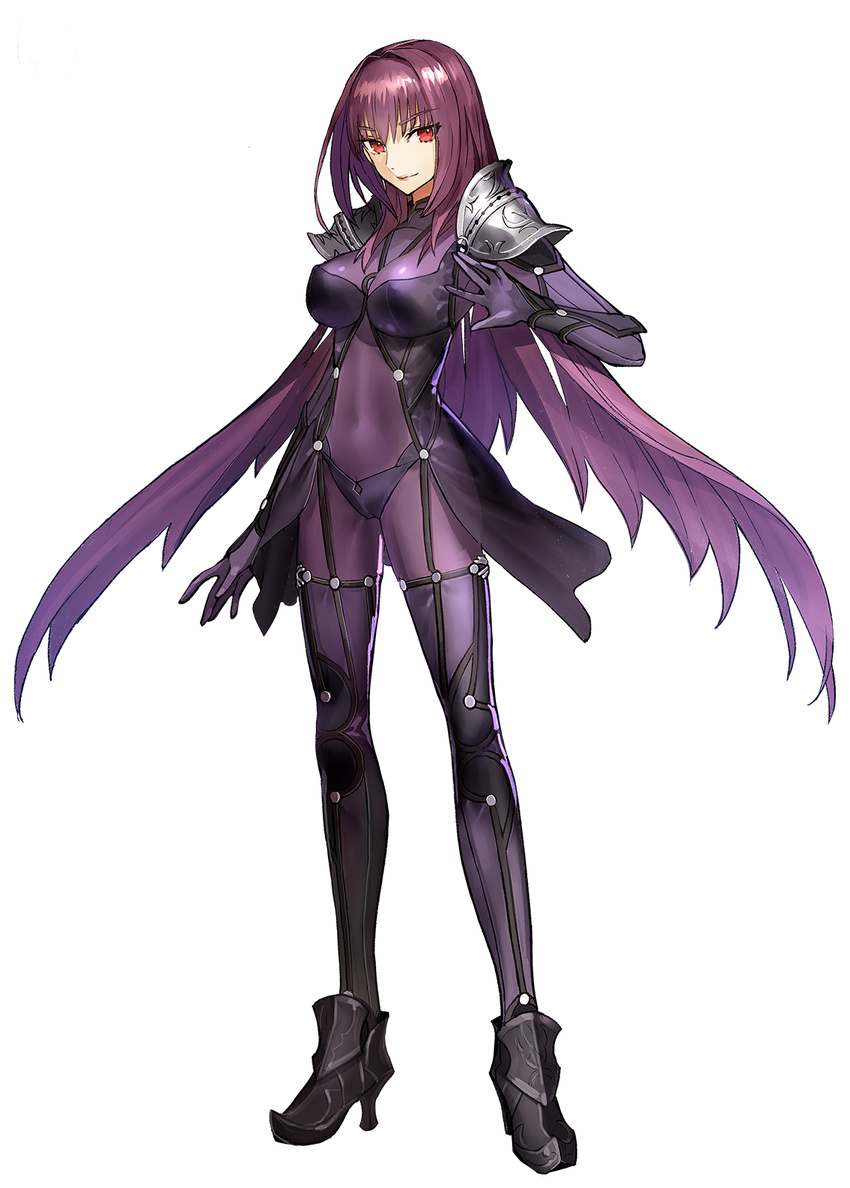 armor bodysuit breasts covered_navel fate/extella fate/extella_link fate/extra fate/grand_order fate_(series) full_body high_heels highres large_breasts long_hair looking_at_viewer official_art pauldrons purple_bodysuit purple_hair red_eyes scathach_(fate)_(all) scathach_(fate/grand_order) shoulder_armor solo standing transparent_background wada_aruko