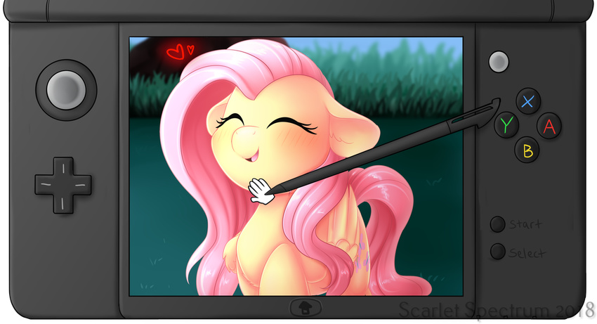 &lt;3 2018 3ds alpha_channel blush crossover cute cutie_mark equine eyelashes eyes_closed feathered_wings feathers female fluttershy_(mlp) friendship_is_magic grass hair makeup mammal mascara my_little_pony nintendo open_mouth open_smile outside pegasus petting pink_hair pok&eacute;mon portrait scarlet-spectrum smile solo stylus text three-quarter_portrait tongue tree video_games watermark wings