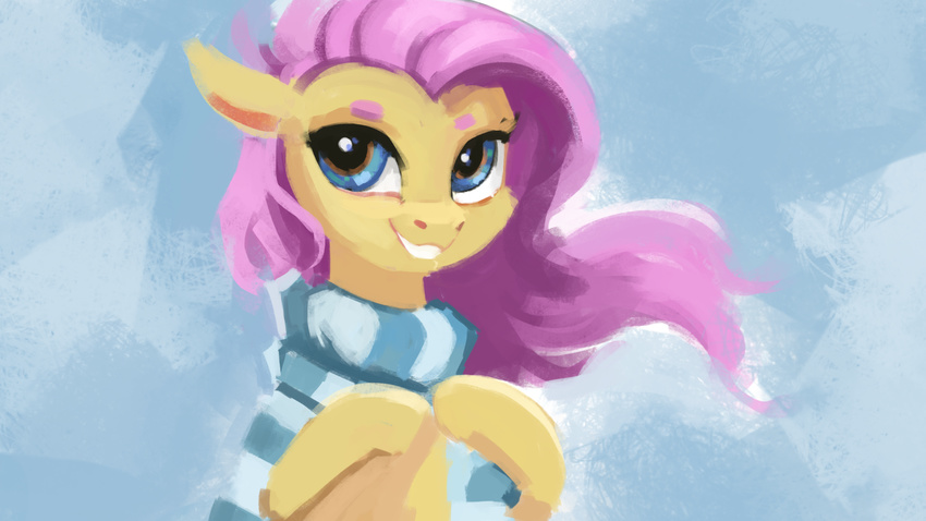 2018 blue_background bust_portrait cute equine eyebrows female fluttershy_(mlp) friendship_is_magic hair horse looking_at_viewer mammal mostly_nude my_little_pony paperdrop pink_hair pony portrait scarf simple_background smile solo striped_scarf stripes teal_eyes teeth wallpaper