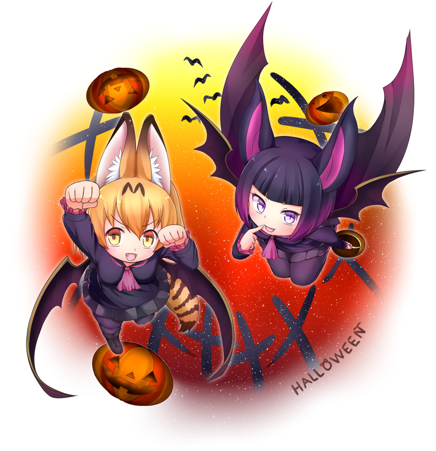 :d animal_ears arm_up ascot bangs bat_band bat_ears black_hair black_skirt blonde_hair blunt_bangs cape commentary_request common_vampire_bat_(kemono_friends) common_vampire_bat_(kemono_friends)_(cosplay) cosplay fangs finger_to_mouth from_above gradient halloween highres jack-o'-lantern kemono_friends looking_at_viewer multicolored_hair multiple_girls nina_yuki open_mouth paw_pose pink_neckwear pleated_skirt purple_eyes purple_hair serval_(kemono_friends) serval_ears serval_tail short_hair skirt smile tail v-shaped_eyebrows yellow_eyes