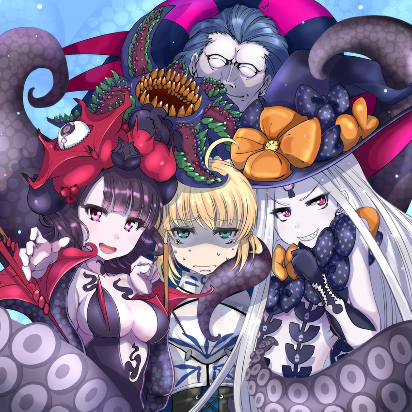 3girls :d abigail_williams_(fate/grand_order) armor artoria_pendragon_(all) bangs black_bow black_dress black_gloves black_hat blonde_hair blue_hair blush bow carnivorous_plant caster_(fate/zero) closed_eyes closed_mouth collarbone commentary_request dress elbow_gloves eyebrows_visible_through_hair fate/grand_order fate_(series) girl_sandwich gloves green_eyes grimjin grin hand_up hat hat_bow head_tilt highres katsushika_hokusai_(fate/grand_order) long_hair long_sleeves looking_at_viewer multiple_girls open_mouth orange_bow pale_skin parted_bangs print_bow puffy_long_sleeves puffy_sleeves purple_eyes purple_hair revealing_clothes saber sandwiched sharp_teeth smile star star_print strapless strapless_dress suction_cups sweat sweating_profusely teeth tentacles turn_pale v-shaped_eyebrows very_long_hair witch_hat