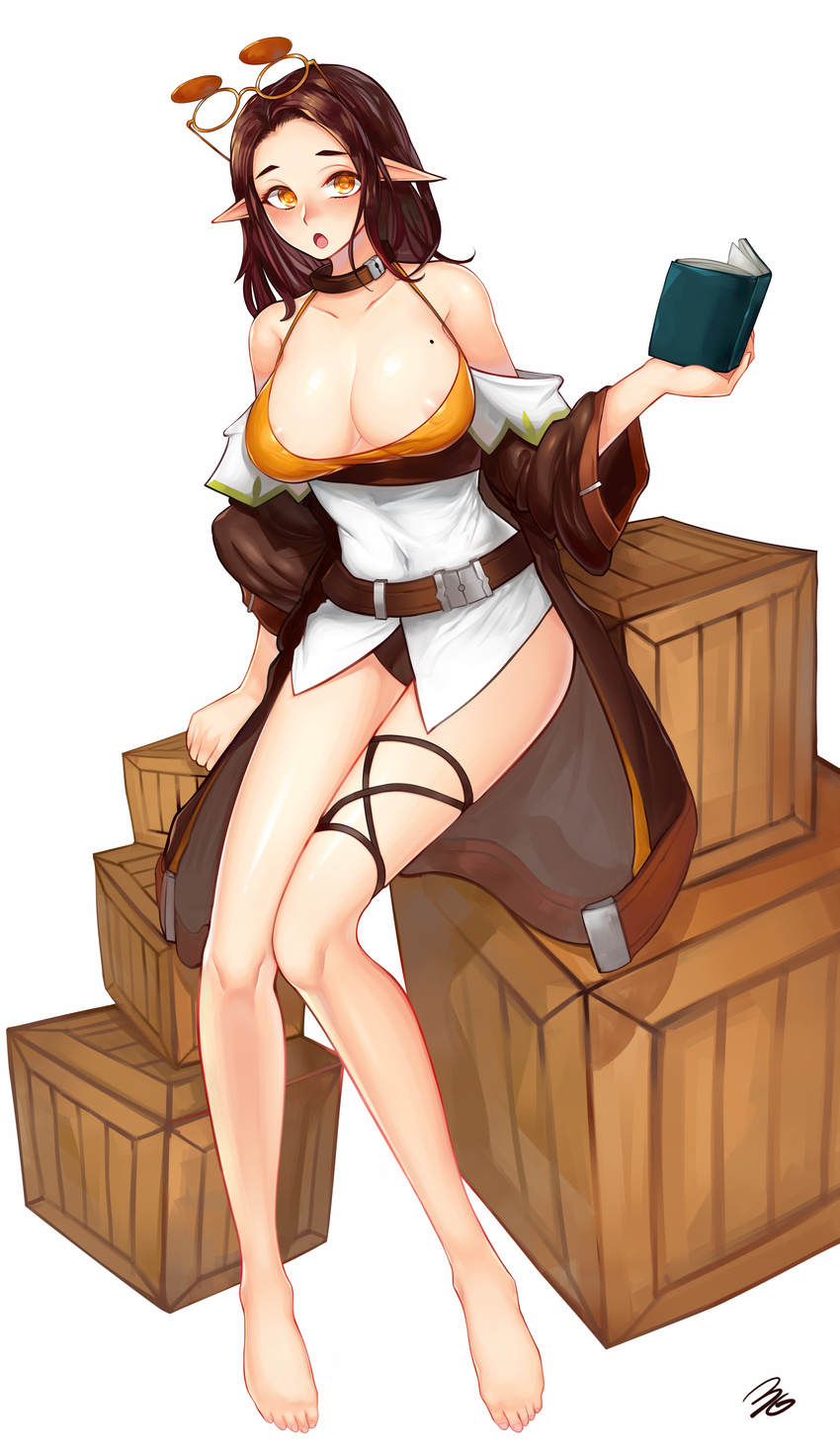 3gs absurdres areola_slip areolae belt blush book breasts brown_hair coat collar crate elf elsword eyewear_on_head glasses highres large_breasts long_hair mole mole_on_breast open_mouth pane_(elsword) pointy_ears sitting solo white_background yellow_eyes