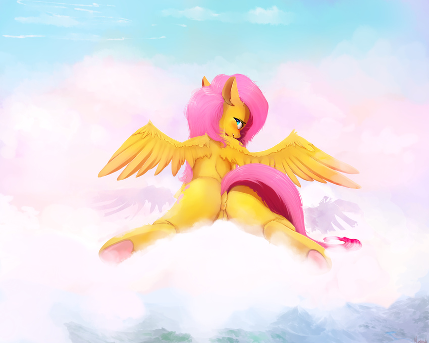 2018 anus butt cloud cutie_mark dock equine feathered_wings feathers female fluttershy_(mlp) friendship_is_magic hair hi_res horse looking_at_viewer looking_back mammal miokomata my_little_pony on_cloud outside pegasus pony pussy rear_view solo wings