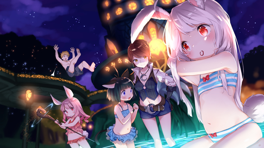 &gt;_&lt; 4girls adjusting_hair animal_ears arms_up barefoot belt bikini bikini_skirt black_gloves black_hair blonde_hair blue_eyes breasts brown_eyes brown_hair bunny_ears bunny_tail cat_ears cat_tail cleavage closed_eyes curly_hair elf elin_(tera) flat_chest frilled_bikini frills gloves hair_tie hair_tie_in_mouth hand_on_another's_head hand_on_hip high_elf highres long_hair magic midriff mouth_hold multiple_girls navel night night_sky open_mouth outdoors partially_submerged petting pink_eyes pink_hair pointy_ears red_eyes shirt short_hair short_shorts shorts silver_hair sitting sky smile staff star_(sky) striped striped_bikini swimsuit tail tera_online topless tousaki_shiina wading water weapon