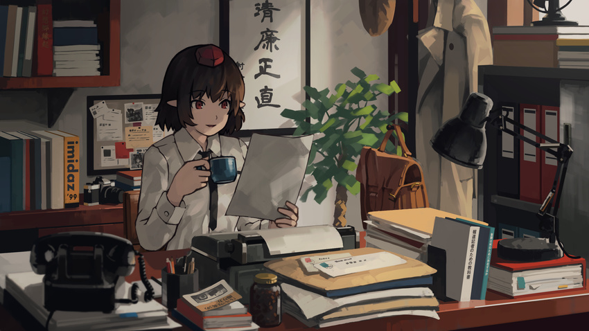 1hand1cup bag binder black_hair black_neckwear book camera coat commentary_request cup desk desk_lamp envelope folder highres holding holding_cup holding_paper indoors jar lamp long_sleeves mikado_(winters) necktie paper parted_lips pen pencil phone photo_(object) plant pointy_ears printer red_eyes shameimaru_aya shirt short_hair smile solo touhou translation_request white_shirt