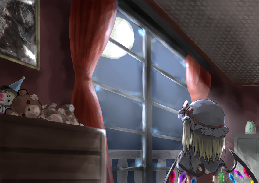absurdres arms_at_sides balcony blonde_hair bow ceiling chest_of_drawers commentary_request flandre_scarlet from_behind full_moon hat hat_bow highres indoors kushidama_minaka looking_out_window medium_hair mob_cap moon night night_sky painting_(object) puffy_short_sleeves puffy_sleeves railing red_bow red_curtains red_vest short_hair short_sleeves side_ponytail sky solo stuffed_animal stuffed_toy teddy_bear touhou upper_body vest window wings