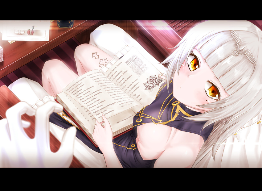 absurdres azur_lane book breasts chair commander_(azur_lane) commentary expressionless gloves hair_ornament highres long_hair looking_at_viewer mole mole_under_eye p_ion pov sideboob sitting sitting_on_person small_breasts solo_focus table tattoo yellow_eyes z46_(azur_lane)