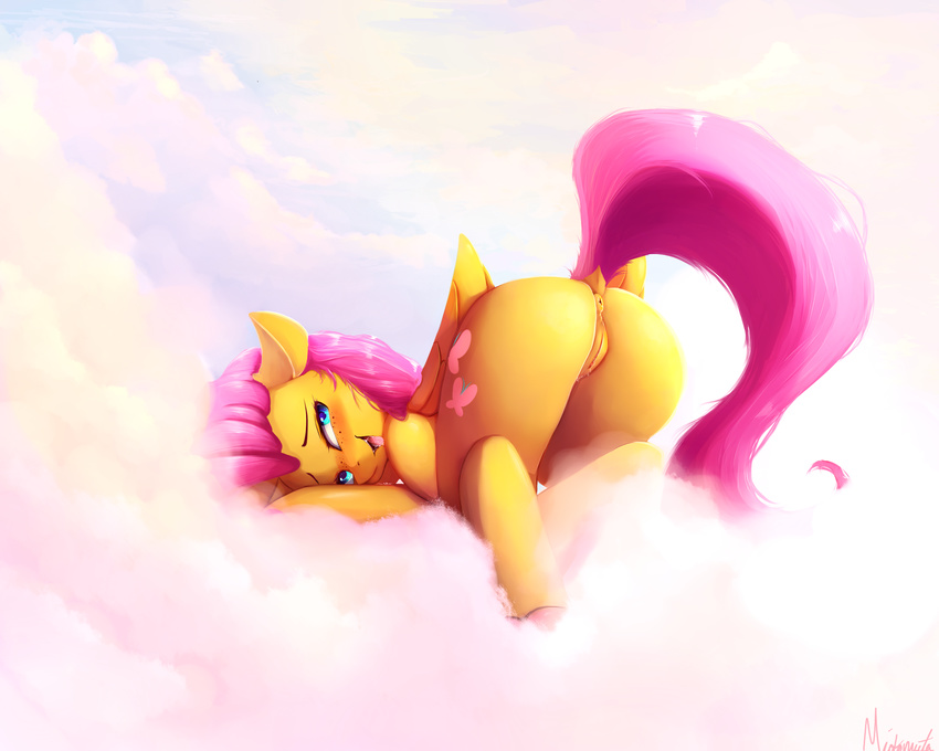 2018 anus blush butt cutie_mark dock equine female fluttershy_(mlp) friendship_is_magic hair hi_res looking_at_viewer mammal miokomata my_little_pony outside pegasus pink_hair pussy solo tongue tongue_out wings
