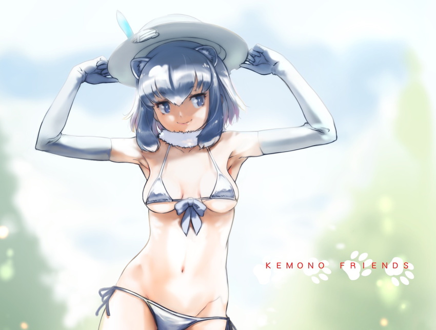 alternate_costume animal_ears armpits arms_up bikini breasts chikuwa_(tks) common_raccoon_(kemono_friends) copyright_name cowboy_shot day elbow_gloves extra_ears front-tie_bikini front-tie_top fur_collar gloves grey_bikini grey_eyes grey_gloves grey_hair hat hat_feather helmet kemono_friends medium_breasts multicolored_hair navel outdoors pith_helmet raccoon_ears short_hair side-tie_bikini smile solo swimsuit