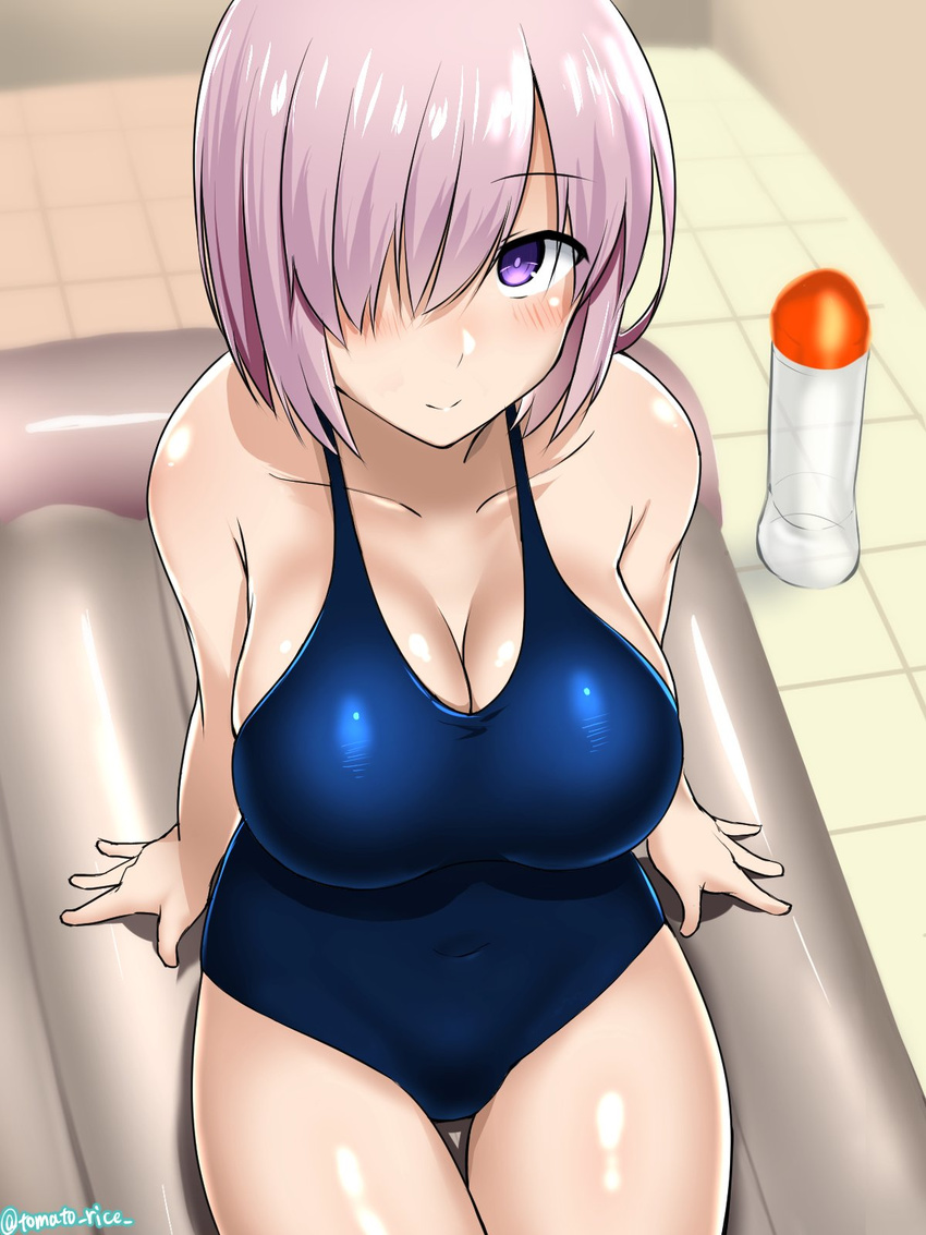 air_mattress arm_support blush breasts cleavage collarbone fate/grand_order fate_(series) hair_over_one_eye highres large_breasts lavender_hair looking_at_viewer mash_kyrielight one-piece_swimsuit purple_eyes shiny shiny_hair shiny_skin sitting smile soapland swimsuit tile_floor tiles tomato_rice