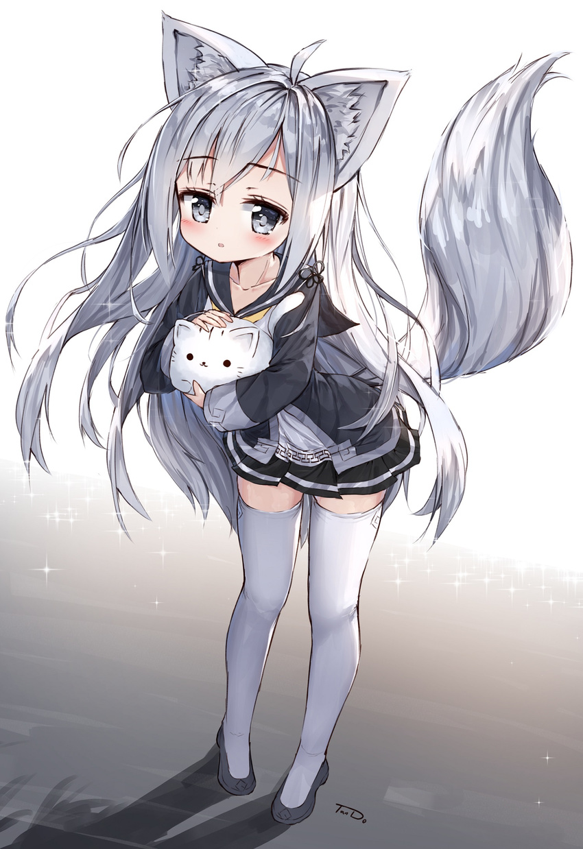 :o ahoge animal animal_ear_fluff animal_ears bangs black_footwear black_jacket black_skirt blade_&amp;_soul blush cat collarbone commentary_request eyebrows_visible_through_hair fox_ears fox_girl fox_tail full_body grey_eyes hair_between_eyes highres holding holding_animal jacket long_hair looking_at_viewer lyn_(blade_&amp;_soul) open_clothes open_jacket parted_lips petting ping_myu_ring_(tandohark) pleated_skirt school_uniform serafuku shirt shoes signature silver_hair skirt sparkle standing tail tandohark thighhighs very_long_hair white_background white_legwear white_shirt yellow_neckwear