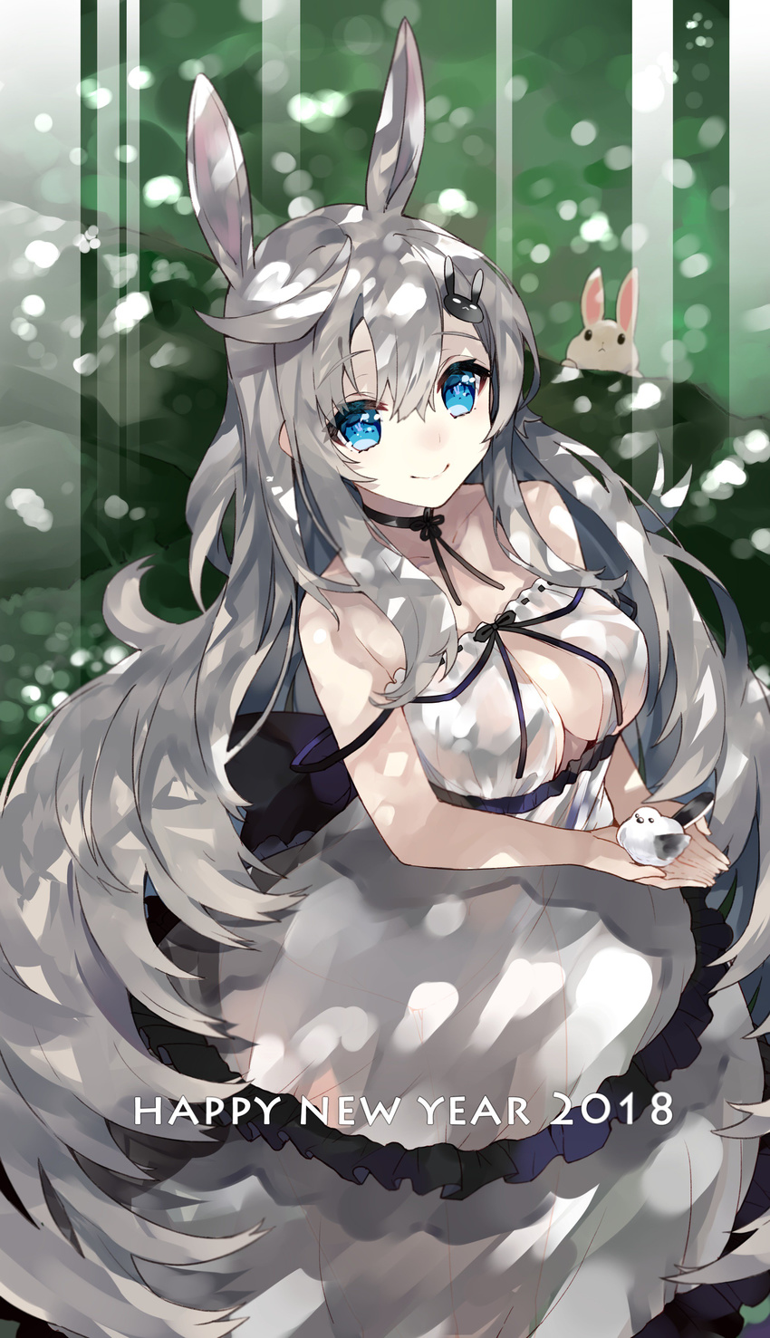 2018 absurdres animal animal_ears bangs bare_legs bare_shoulders bird black_choker blue_eyes breasts bunny bunny_ears bunny_hair_ornament choker cleavage closed_mouth collarbone commentary_request dress eyebrows_visible_through_hair hair_between_eyes hair_ornament happy_new_year highres holding holding_animal holding_bird kou_mashiro large_breasts long_hair looking_at_viewer new_year original silver_hair sleeveless sleeveless_dress smile solo strap_slip very_long_hair white_dress
