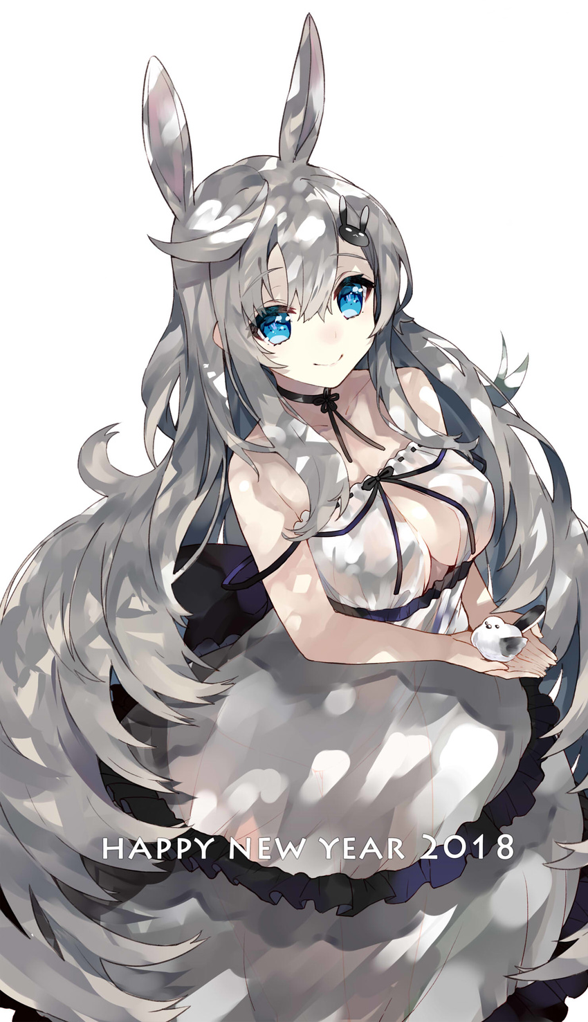 2018 absurdres animal animal_ears bangs bare_legs bare_shoulders bird black_choker blue_eyes breasts bunny_ears bunny_hair_ornament choker cleavage closed_mouth collarbone commentary_request dress eyebrows_visible_through_hair hair_between_eyes hair_ornament happy_new_year highres holding holding_animal holding_bird kou_mashiro large_breasts long_hair looking_at_viewer new_year original silver_hair simple_background sleeveless sleeveless_dress smile solo strap_slip very_long_hair white_background white_dress