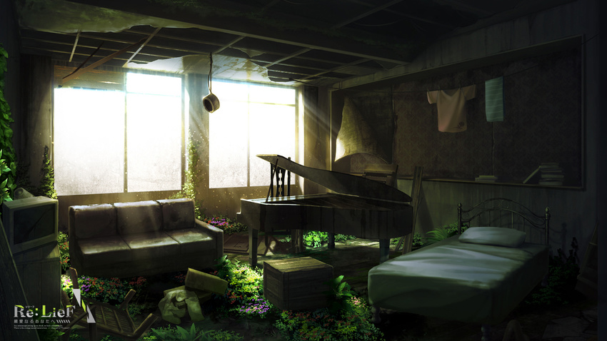 chain clothes copyright_name couch crate day indoors instrument light_particles light_rays mikago_kotaro monitor no_humans piano re:lief_~shin'ai_naru_anata_e~ ruins scenery watermark window