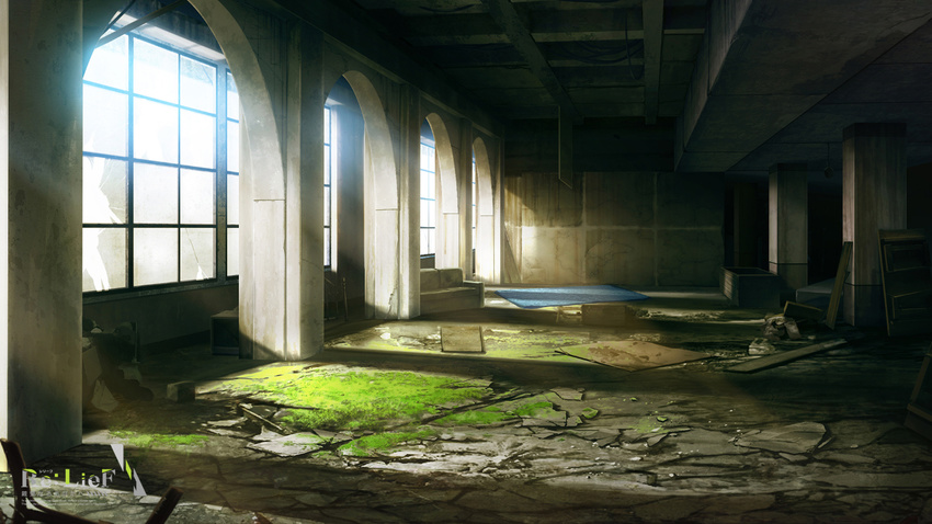 indoors light_rays mikago_kotaro moss no_humans re:lief_~shin'ai_naru_anata_e~ ruins scenery watermark window