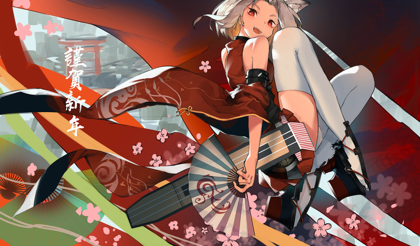 :d animal_ears azur_lane bangs detached_sleeves fan fang flight_deck highres japanese_clothes koog long_sleeves nengajou new_year open_mouth paper_fan parted_bangs pleated_skirt red_eyes short_hair shouhou_(azur_lane) skirt smile solo thighhighs white_hair white_legwear wide_sleeves