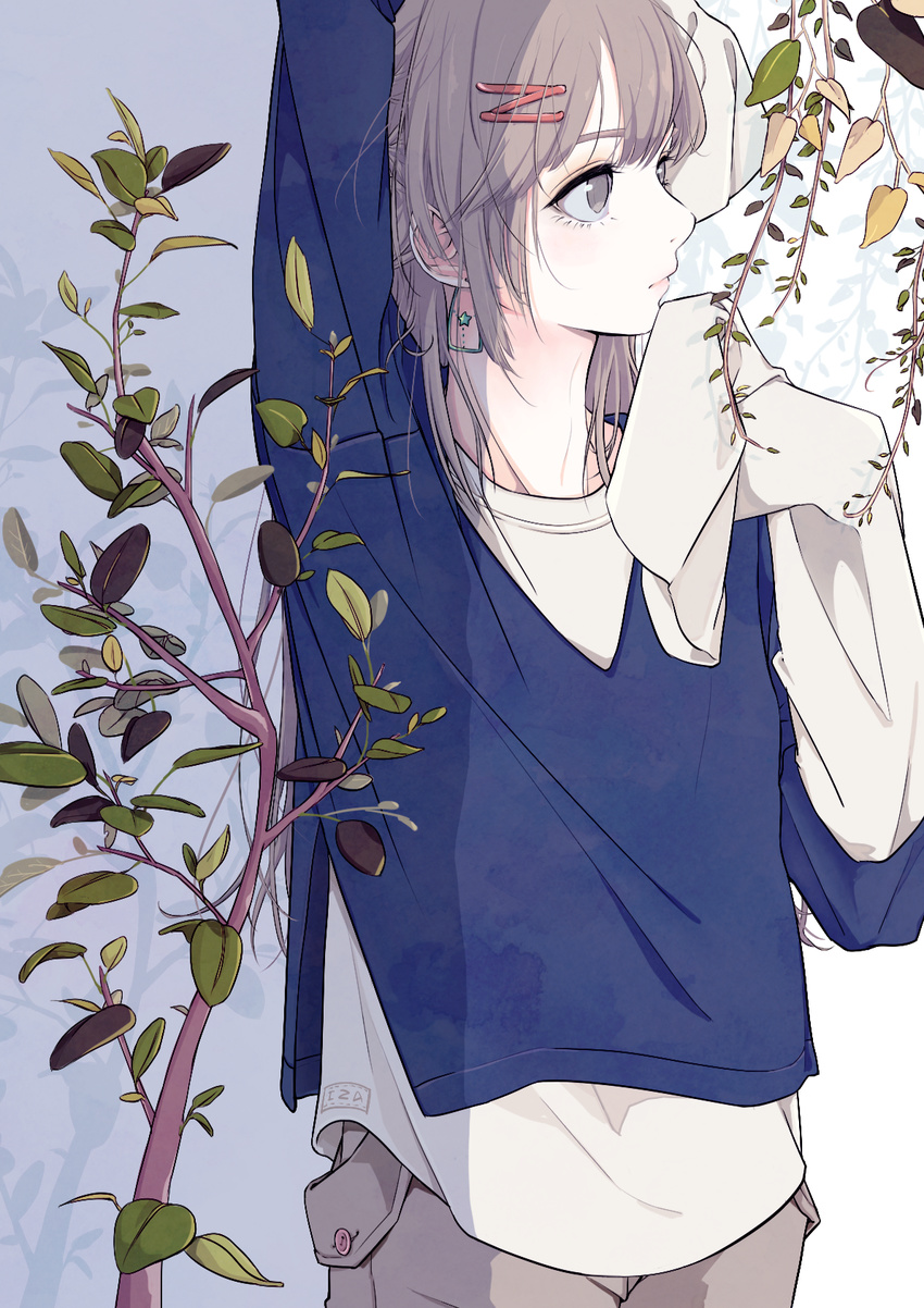 arm_up asai_umi bangs beige_pants commentary_request earrings expressionless grey_eyes grey_hair hair_ornament hairpin half_updo hand_up highres jewelry long_hair long_sleeves original plant short_over_long_sleeves short_sleeves sleeves_past_fingers sleeves_past_wrists solo upper_body