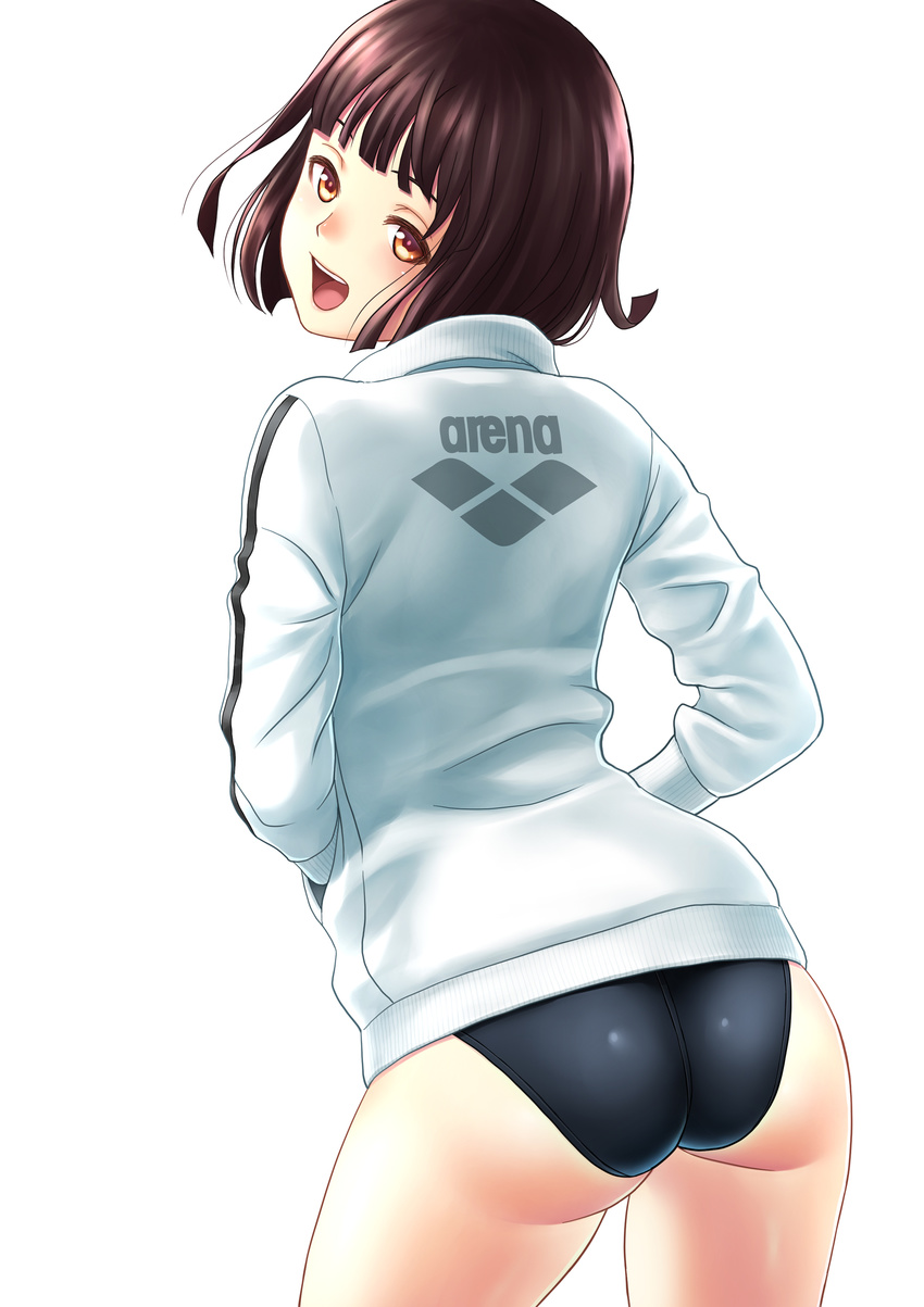 absurdres arena_(company) ass bangs black_hair blunt_bangs brown_eyes competition_swimsuit from_behind hands_in_pockets highleg highleg_swimsuit highres jacket kuri_(kurigohan) logo looking_back one-piece_swimsuit open_mouth original short_hair simple_background smile solo swimsuit swimsuit_under_clothes track_jacket white_background white_jacket