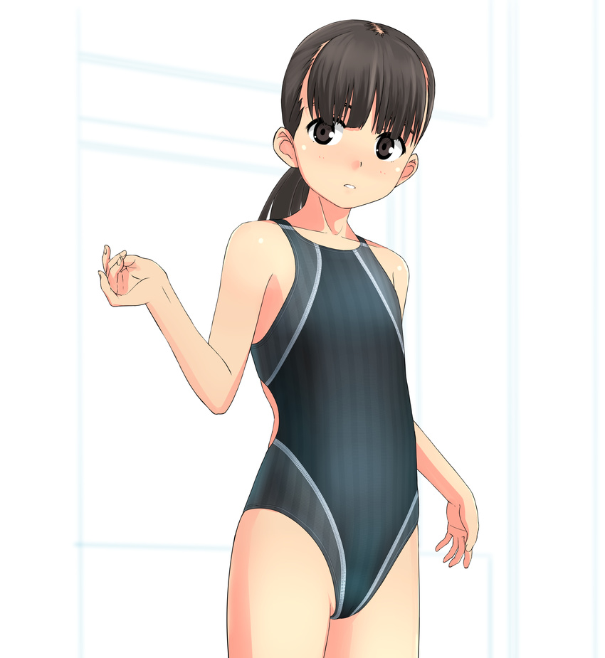 absurdres bangs black_hair black_swimsuit blunt_bangs brown_eyes competition_swimsuit cowboy_shot flat_chest highres long_hair looking_to_the_side one-piece_swimsuit original solo standing striped striped_swimsuit swimsuit takafumi white_background