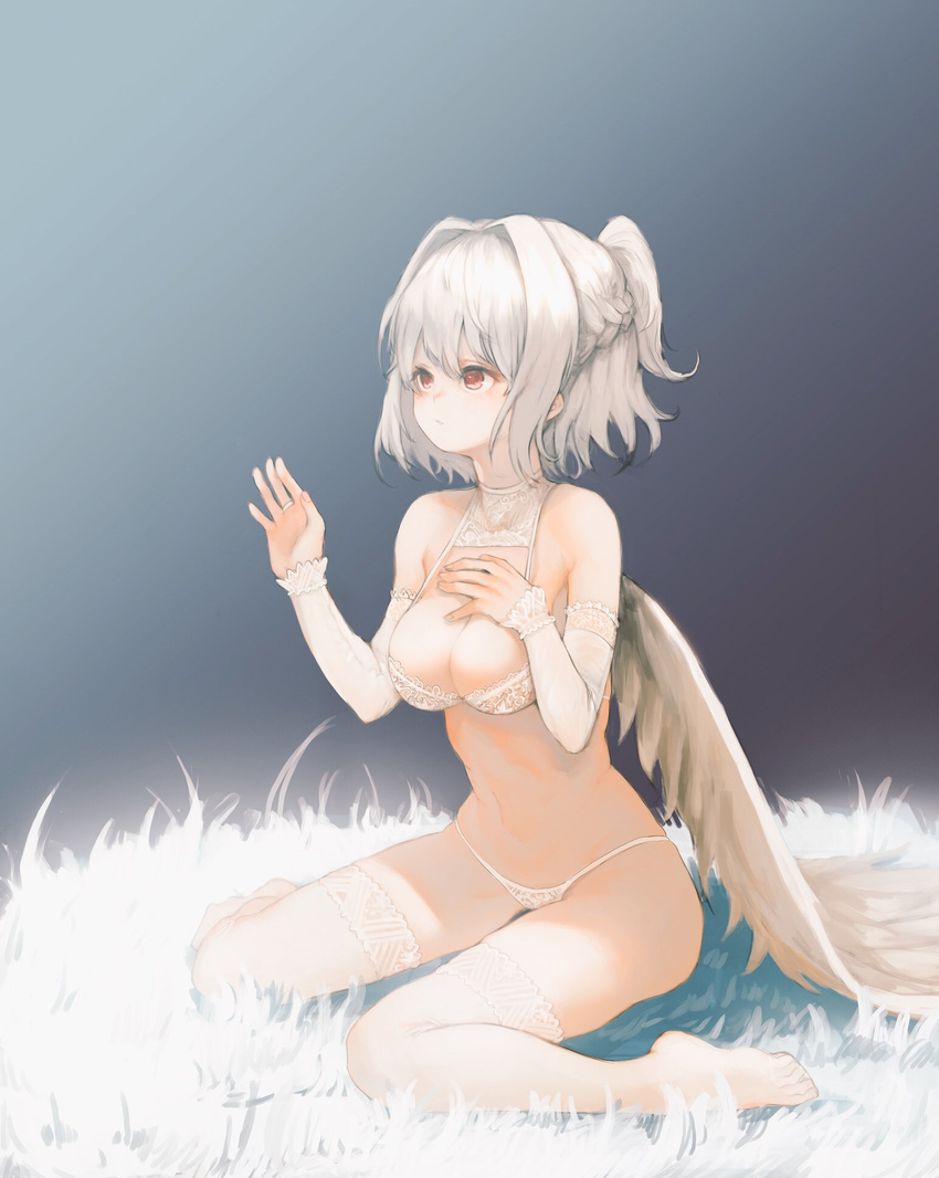 albino arm_warmers bangs bare_shoulders bra braid breasts cleavage closed_mouth expressionless feathered_wings french_braid full_body gradient gradient_background hair_intakes half_updo hand_on_own_chest hand_up heoningu highres jewelry kishin_sagume lingerie looking_away looking_up medium_breasts no_shoes panties parted_lips red_eyes ring silver_hair single_wing sitting solo string_panties thighhighs touhou underwear underwear_only wariza white_bra white_legwear white_panties white_wings wings