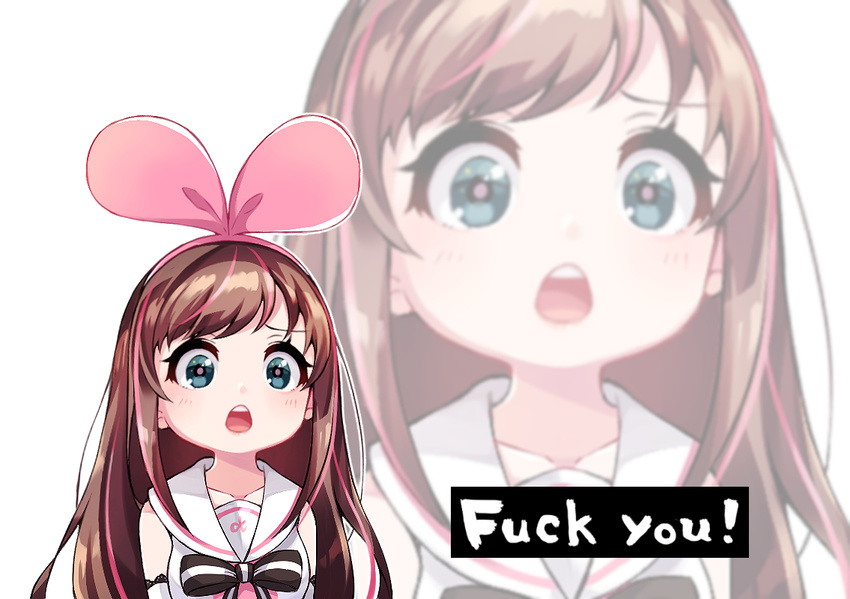 a.i._channel bangs bare_shoulders blue_eyes blush bow bowtie brown_hair commentary detached_sleeves english hair_bow hairband kizuna_ai long_hair looking_at_viewer open_mouth pikomarie pink_bow pink_pupils profanity sailor_collar school_uniform serafuku solo upper_teeth virtual_youtuber white_sailor_collar zoom_layer