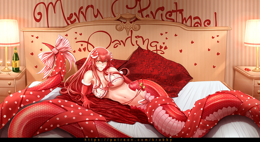 1girl bed bedside_lamp breasts champagne christmas christmas_hat christmas_outfit krabby_(artist) lamp large_breasts long_hair lying_on_bed miia_(monster_musume) monster_girl monster_musume_no_iru_nichijou patreon patreon_reward patreon_username pillow rattle red_hair ribbon writing_on_wall yellow_eyes