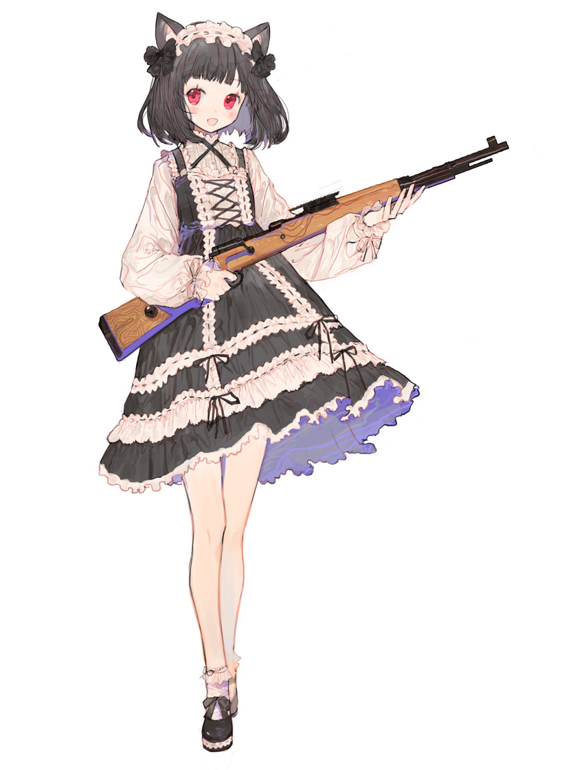 :d absurdres animal_ears bangs black_dress black_footwear blouse blunt_bangs blush bolt_action dress frilled_dress frills full_body gun hairband highres holding holding_gun holding_weapon long_sleeves looking_at_viewer mauser_98 open_mouth original red_eyes rifle rosette_(roze-ko) shoes short_hair simple_background smile socks solo standing weapon white_background white_blouse white_legwear