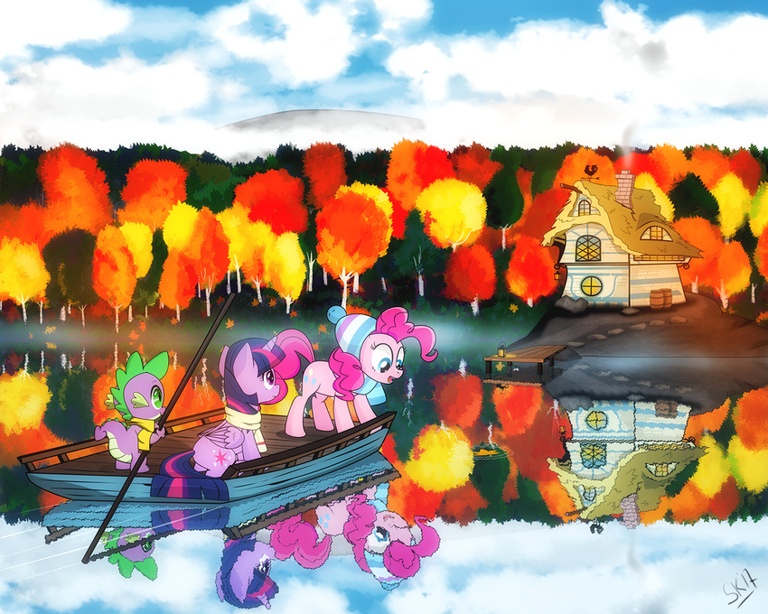 2017 autumn beanie blue_eyes boat building chimney cloudscape cub dragon dsana earth_pony equine eyelashes feathered_wings feathers fog friendship_is_magic green_eyes group hair hat holding_object horn horse house lake lantern leaves mammal mostly_nude multicolored_hair my_little_pony one_eye_closed open_mouth open_smile pier pink_hair pinkie_pie_(mlp) pony purple_eyes raft reflection scarf seaside sitting sky slit_pupils smile smoke spike_(mlp) stick striped_scarf stripes teeth tongue tree twilight_sparkle_(mlp) vehicle water winged_unicorn wings wink young