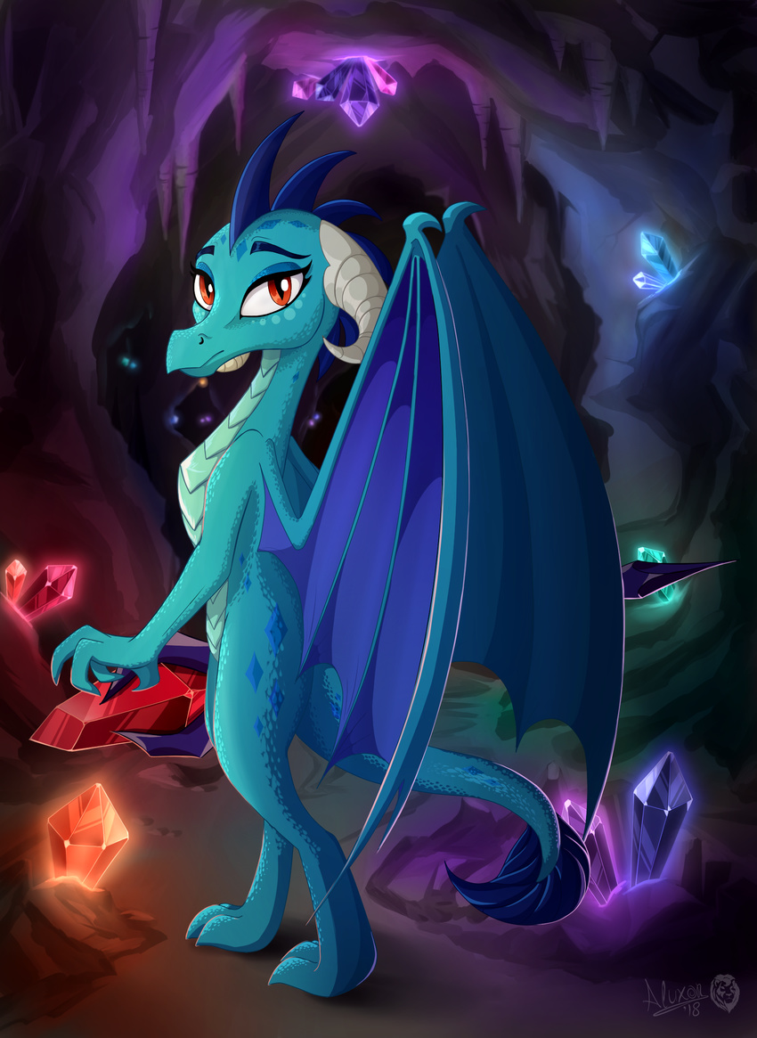 2018 blue_scales cave crystals dragon eyebrows eyelashes eyeshadow female friendship_is_magic full-length_portrait hi_res holding_object horn inside looking_at_viewer looking_back makeup mascara membranous_wings my_little_pony portrait princess_ember_(mlp) red_eyes scales shadow signature sirzi slit_pupils solo staff wings