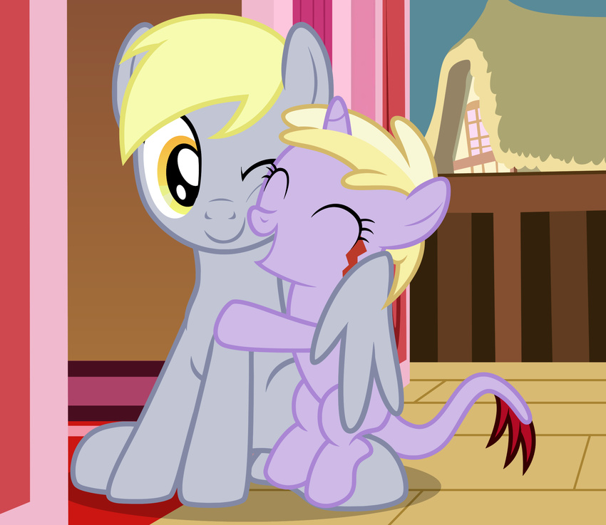 alternate_species badumsquish cheek_squish daughter derpy_hooves_(mlp) dinky_hooves_(mlp) duo equine eyes_closed female friendship_is_magic grin happy horn hug mammal mother mother_and_daughter my_little_pony one_eye_closed parent pegasus sitting smile squish squishy_cheeks tatzlpony unicorn winghug wings wink