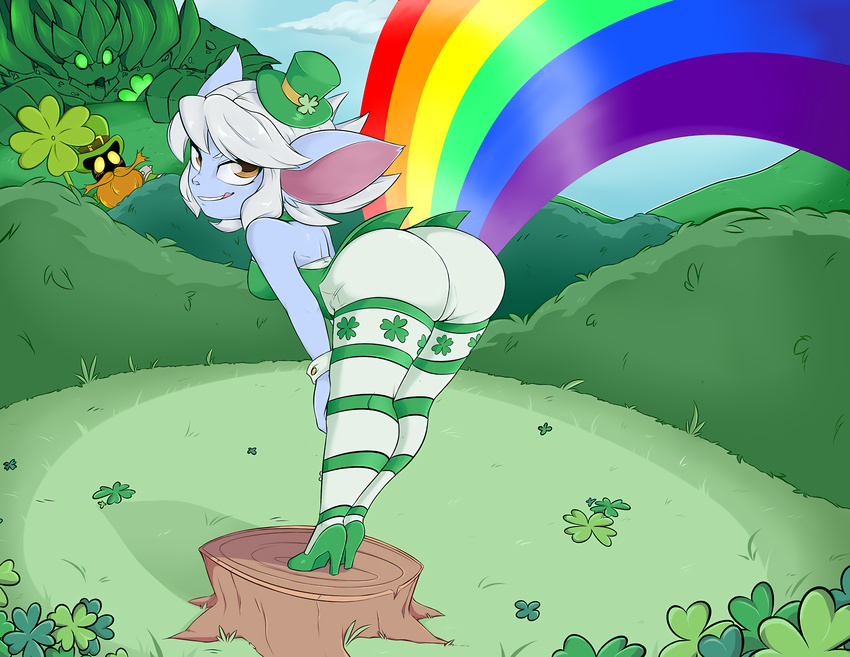 bandlebro_(artist) bent_over big_butt blue_skin breasts butt clothed clothing clover female footwear fully_clothed green_eyes hair hat hi_res high_heels humanoid league_of_legends legwear looking_back malphite mammal not_furry outside presenting presenting_hindquarters rainbow riot_games seductive shoes short_hair short_stack shortstack smile solo_focus standing stockings thick_thighs thigh_highs tongue tongue_out top_hat tristana_(lol) veigar video_games white_hair yellow_eyes yordle