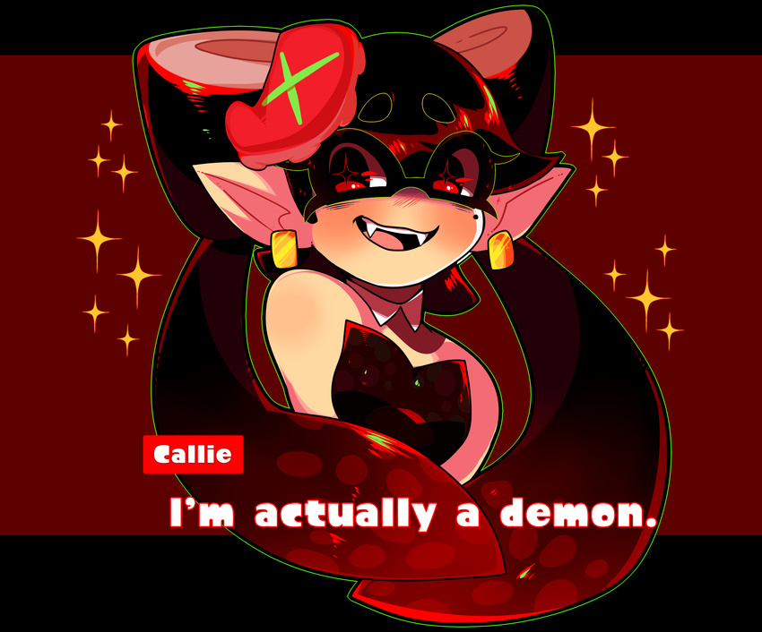 absurd_res bare_shoulders beauty_mark blush blushily callie_(splatoon) cephalopod dialogue ear_piercing english_text fangs female hi_res humanoid inkling looking_at_viewer marine nintendo not_furry open_mouth panty_and_stocking_with_garterbelt parody piercing pointy_ears red_eyes simple_background smile solo sparkles splatoon tentacle_hair tentacles text video_games