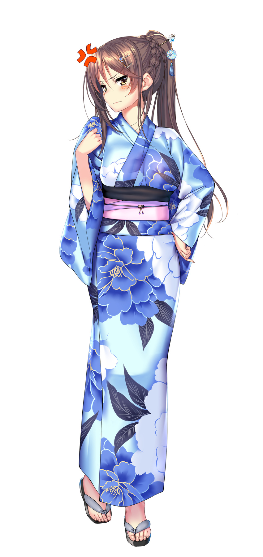 absurdres amakano_~second_season~ anger_vein blue_kimono blush braid brown_hair french_braid frown full_body hair_ornament hairclip hairpin hand_on_hip high_ponytail highres ichinose_honami_(amakano) japanese_clothes kimono long_hair long_sleeves official_art piromizu sandals solo transparent_background