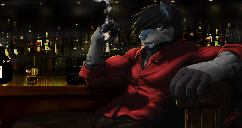 bar beverage canine cigarette clothing kai_thranduill male mammal muscular shirt takeo_s wolf