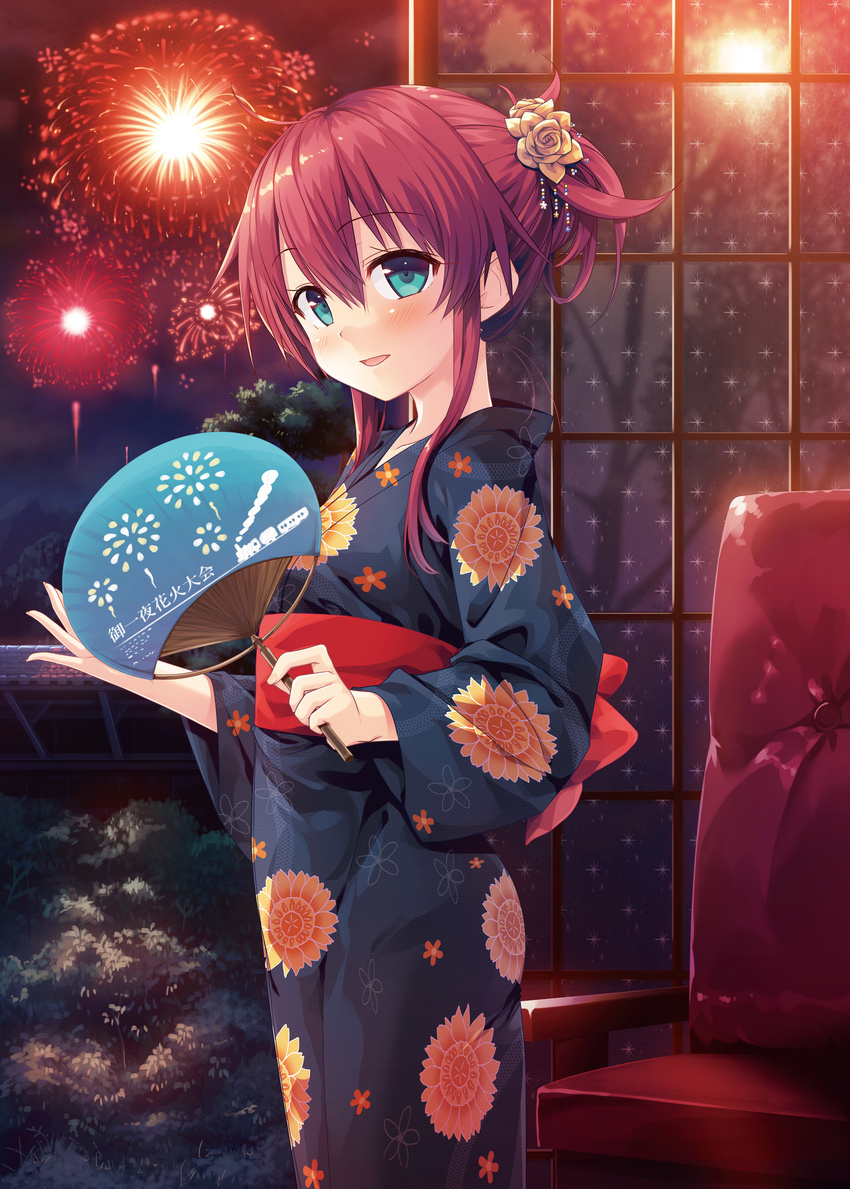 :d absurdres armchair blue_eyes blue_kimono blush chair cura enty_reward eyebrows_visible_through_hair fan fireworks floral_print flower from_side hair_between_eyes hair_flower hair_ornament highres holding indoors japanese_clothes kimono long_hair long_sleeves looking_at_viewer looking_to_the_side maitetsu migita_hibiki night night_sky obi open_mouth paid_reward paper_fan red_hair sash sidelocks sky smile solo standing tied_hair yukata