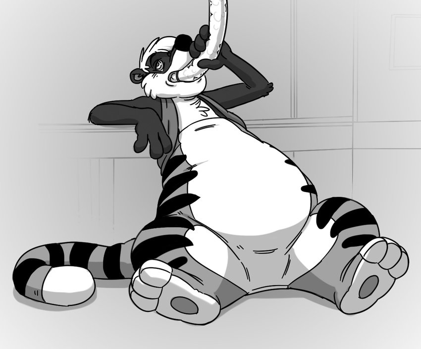 2015 3_toes 4_fingers animate_inanimate anthro belly black_nose cubi digital_drawing_(artwork) digital_media_(artwork) feline firr fur greyscale hair hypnosis living_plush long_tail male mammal mind_control monochrome open_mouth overweight plushie simple_background skunk solo spiral spiral_eyes stripes stuffing tiger toes transformation weight_gain white_hair