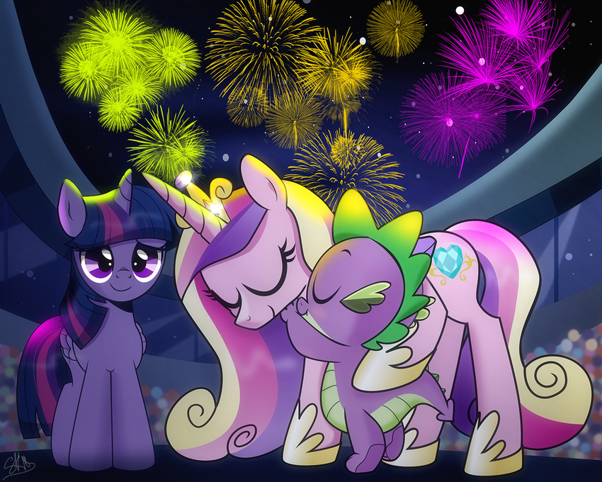 2018 audience blush crown cute cutie_mark dragon dsana equine eyelashes eyes_closed fangs feathered_wings feathers female fireworks friendship_is_magic group hair horn hug looking_at_viewer makeup male mammal mascara multicolored_hair my_little_pony night night_sky princess_cadance_(mlp) purple_eyes smile spike_(mlp) stadium twilight_sparkle_(mlp) winged_unicorn wings