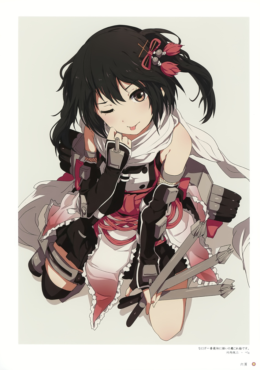 ;p absurdres adjusting_scarf bangs bare_shoulders black_gloves black_hair black_legwear black_skirt blush brown_eyes closed_mouth double-breasted elbow_gloves eyebrows_visible_through_hair frills full_body gloves hair_ornament head_tilt highres holding kantai_collection kneehighs kneeling looking_at_viewer miniskirt ogipote one_eye_closed pleated_skirt remodel_(kantai_collection) rigging scarf school_uniform sendai_(kantai_collection) serafuku single_thighhigh skirt sleeveless smile solo tassel thigh_strap thighhighs tongue tongue_out torpedo torpedo_tubes turret two_side_up v-shaped_eyebrows white_scarf yellow_eyes
