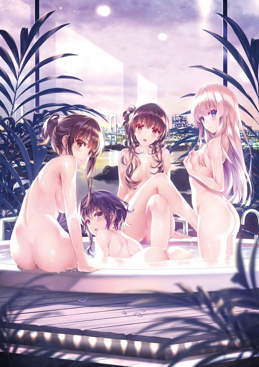 :o absurdres arm_at_side ass back bangs bath bathing blue_eyes blush breasts brown_hair closed_mouth convenient_arm convenient_censoring covering covering_breasts crossed_legs detexted from_behind from_side hair_censor hair_down hair_over_breasts highres hot_tub hyoudou_michiru indoors kasumigaoka_utaha katou_megumi large_breasts light_brown_hair light_frown long_hair looking_at_viewer looking_back lossy-lossless misaki_kurehito multiple_girls nude parted_lips partially_submerged plant purple_eyes purple_hair red_eyes saenai_heroine_no_sodatekata sawamura_spencer_eriri shared_bathing short_hair_with_long_locks sidelocks sitting skyline small_breasts soaking_feet third-party_edit tied_hair wading wet wet_hair