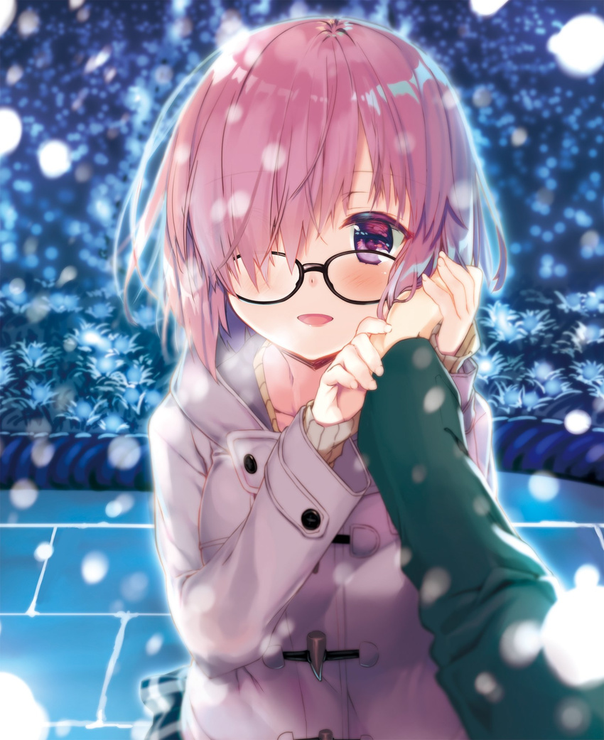 :d black-framed_eyewear coat collarbone eyebrows_visible_through_hair fate/grand_order fate_(series) from_above glasses hair_over_one_eye hand_on_another's_cheek hand_on_another's_face highres kagome_(traumatize) mash_kyrielight open_mouth outdoors pink_hair purple_eyes smile standing