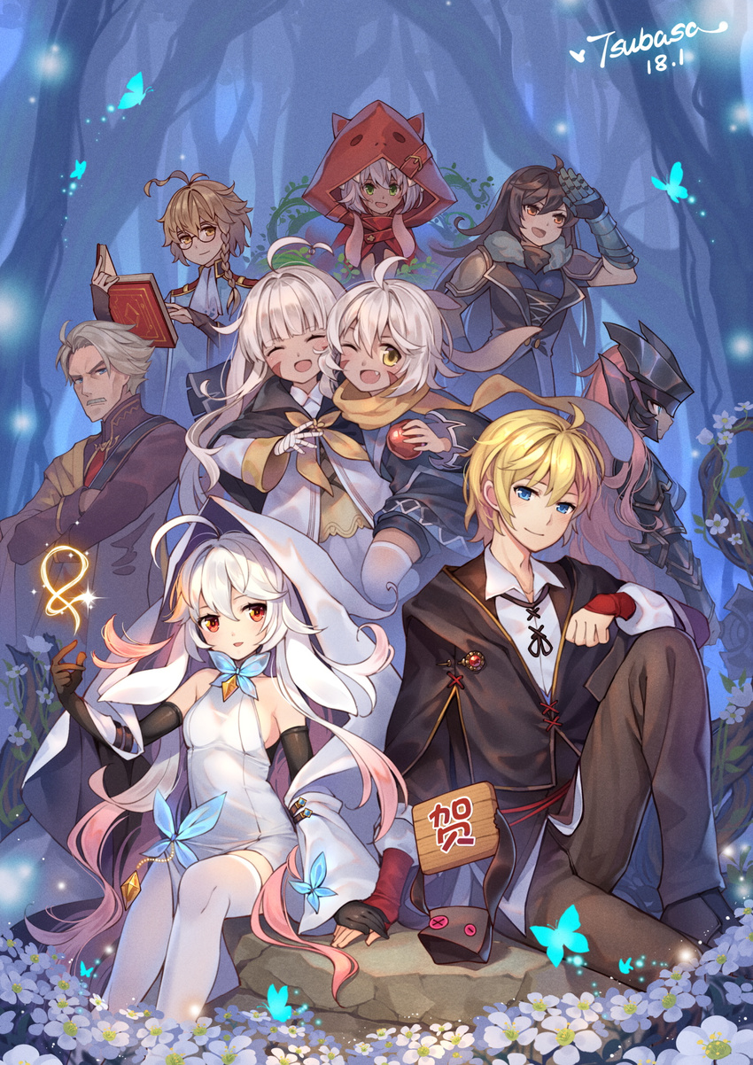 4boys 5girls :d ;d ahoge apple armor artist_name black_gloves blonde_hair blue_eyes braid brown_hair bug butterfly character_request commentary_request elbow_gloves facial_hair facial_mark fang flower food fruit fur_collar gauntlets gloves green_eyes grey_hair helmet highres hood insect long_hair looking_at_viewer multiple_boys multiple_girls mustache one_eye_closed open_mouth red_eyes red_hair short_hair side_braid silver_hair single_braid smile tree tsubasa_tsubasa white_hair witch_springs yellow_eyes