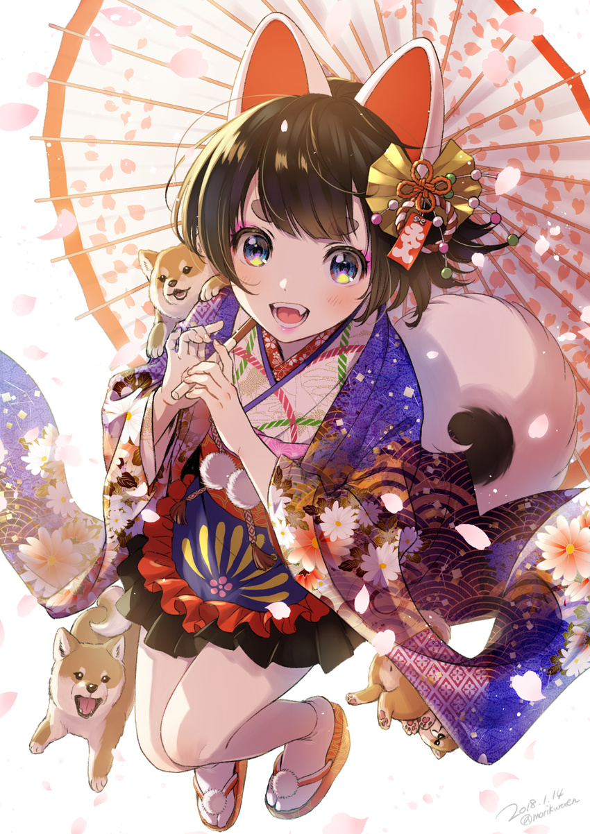 2018 animal animal_ears bangs blue_eyes blush brown_hair chinese_zodiac commentary_request dated dog dog_ears dog_tail eyebrows_visible_through_hair eyeshadow fake_animal_ears fang floral_print full_body hair_ornament highres holding holding_umbrella japanese_clothes kimono looking_at_viewer makeup morikura_en nengajou new_year open_mouth original petals pom_pom_(clothes) print_kimono shiba_inu short_hair solo standing tail teeth thick_eyebrows umbrella wide_sleeves year_of_the_dog